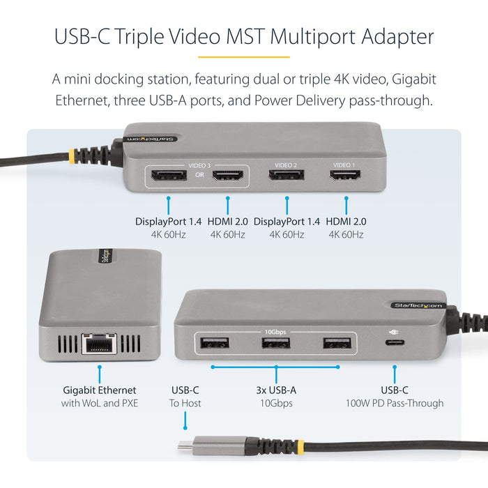 Adaptateur multiport triple moniteur USB-C Startech, double 4k 30hz + 4k 60hz Hdmi & D