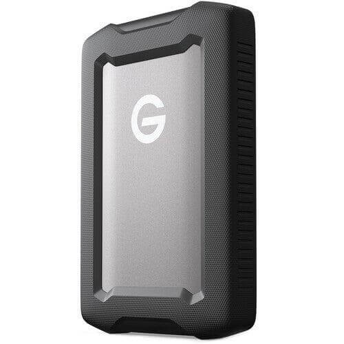 Space grey G-Drive ArmorATD portable hard drive viewed from the front and angled to the left