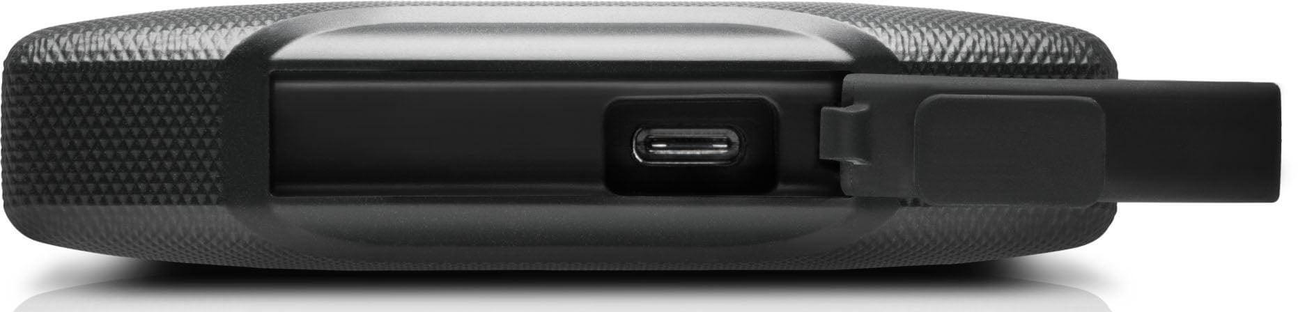 Space grey G-Drive ArmorATD portable hard drive view of the opened USB-C port