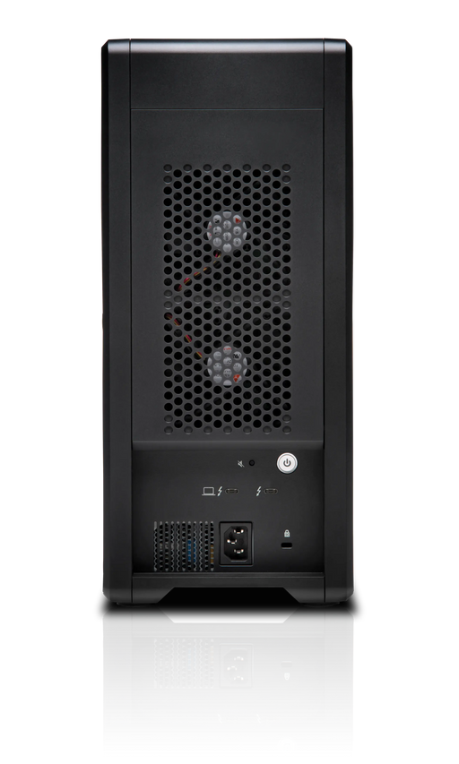 Black G-RAID Shuttle 8 viewed from the back with the power button, power port and two USB-C ports