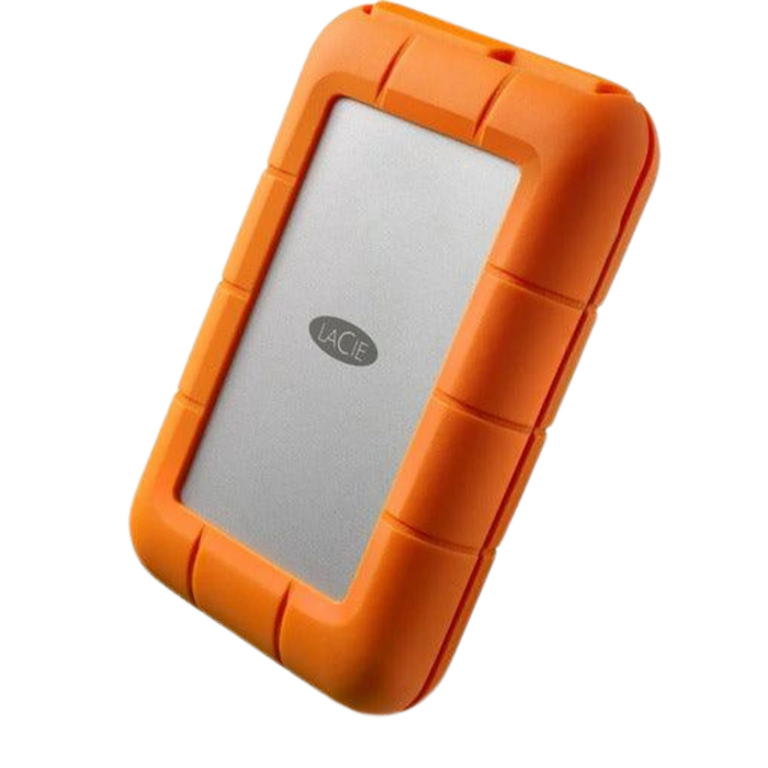 LaCie Rugged USB-C External hard drive slightly  oriented up and viewed from the front and angled on the left