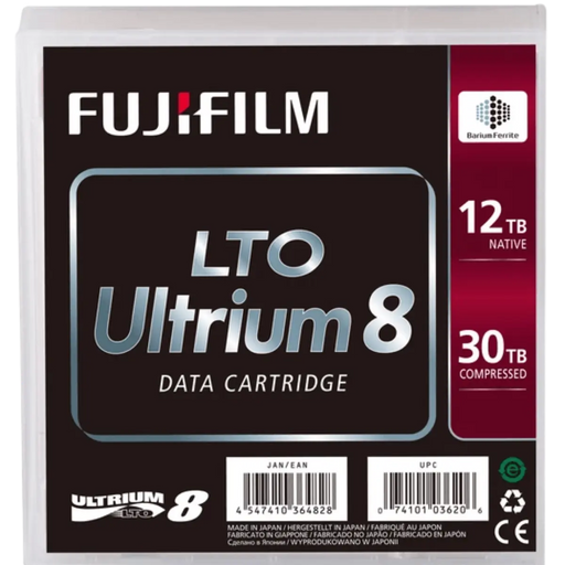 Cartouche de données Fujifilm LTO Ultrium 8 vue du devant du boitier