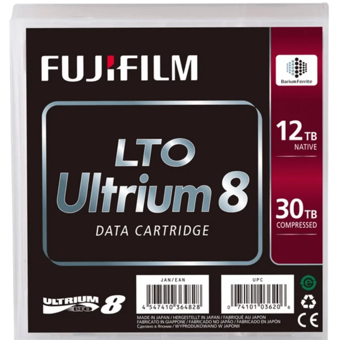 Cartouche de données Fujifilm LTO Ultrium 8 vue du devant du boitier