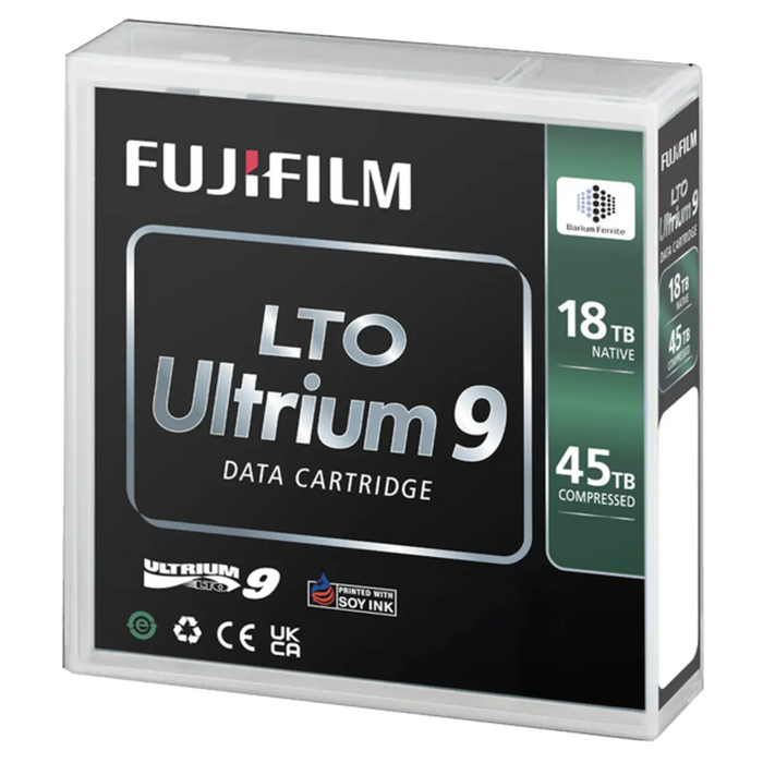 Fujifilm LTO Ultrium 9 case viewed from the front and angled to the left