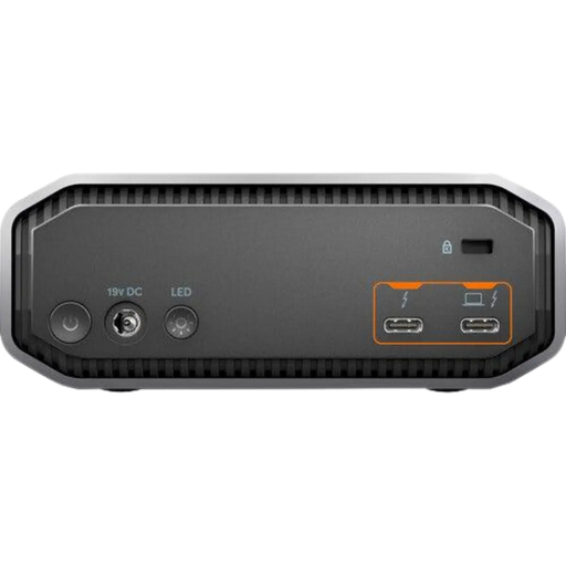 Vue arrière du disque dur externe de bureau G-DRIVE PROJECT montrant le bouton d'alimentation, le port DC 19 V, le bouton LED et les 2 ports d'alimentation USB-C