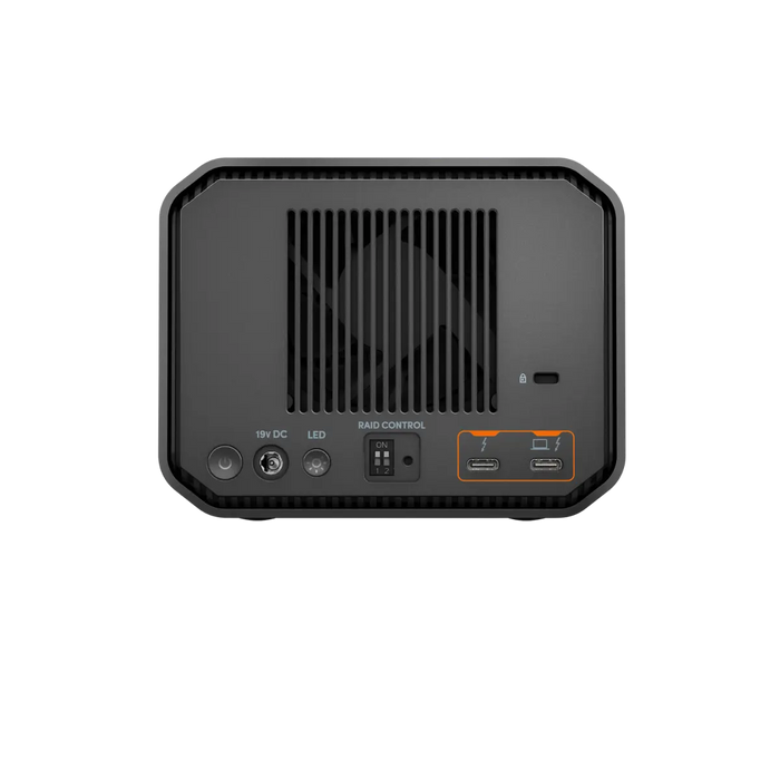 Vue arrière du G-RAID Mirror montrant le bouton d'alimentation, le port 19V DC, le bouton LED, les bascules de CONTRÔLE RAID et les 2 ports d'alimentation