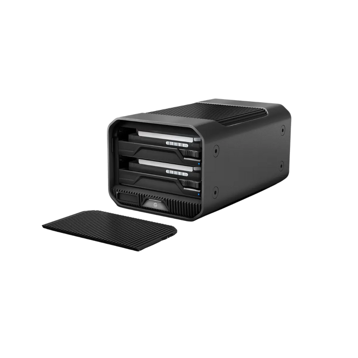 G-RAID Mirror orienté vers la gauche avec l'avant ouvert montrant les baies intérieures