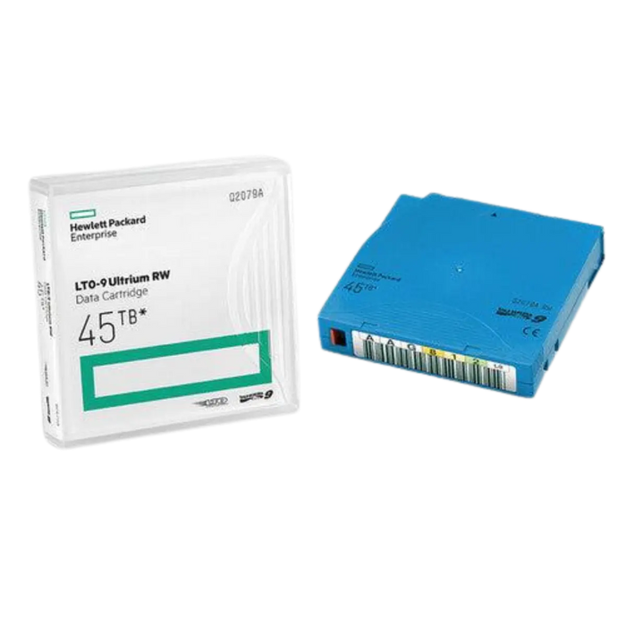 HPE LTO-9 Ultrium case standing on the left and tape laying on the right
