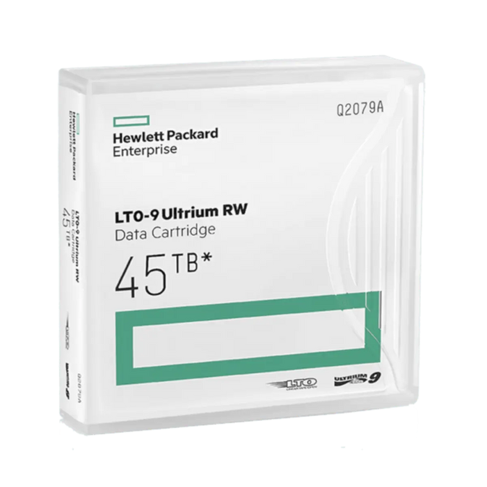 HPE LTO-9 Ultrium case viewed from the front and angled to the right