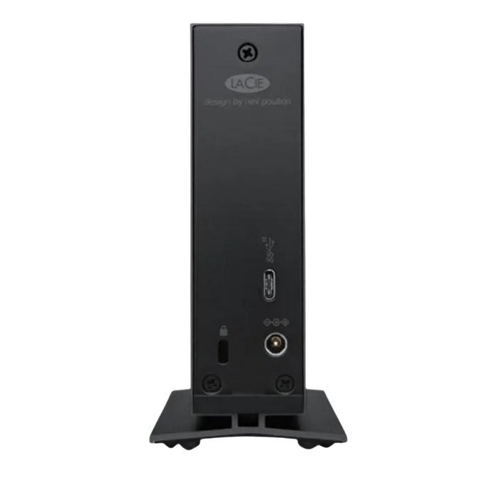 Black LaCie d2 Professional external hdd viewed from the back showing the USB-C port and power port