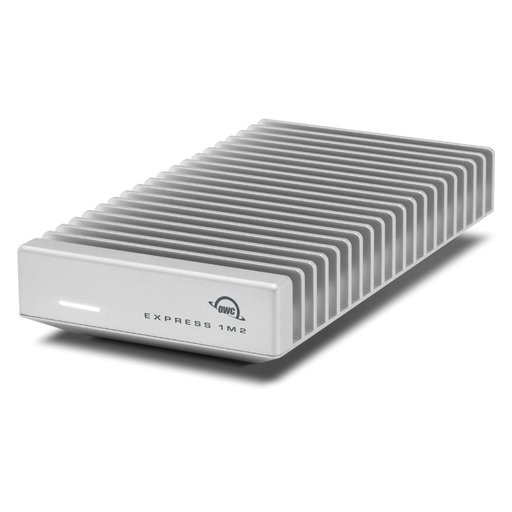 OWC Express 1M2 80G external SSD drive viewed from the front and angled to the left.
