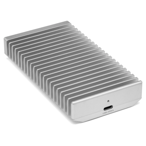 OWC Express 1M2 external SSD drive viewed from the back, angled to the right, showing USB4 40Gb/s port.
