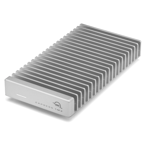 OWC Express 1M2 external SSD drive viewed from the front and angled to the left.