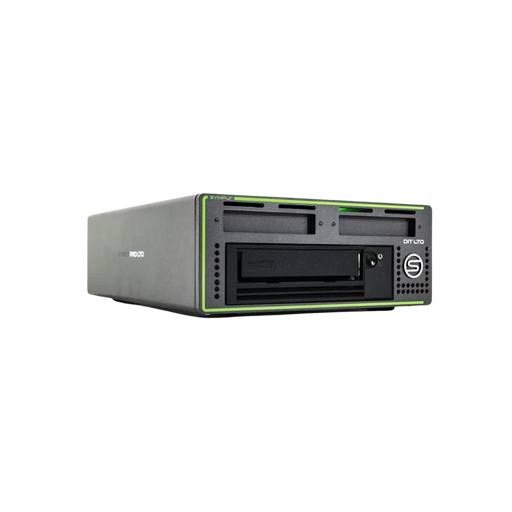 SymplyDIT Thunderbolt 3 LTO Desktop tape drive viewed from the front and angled to the right