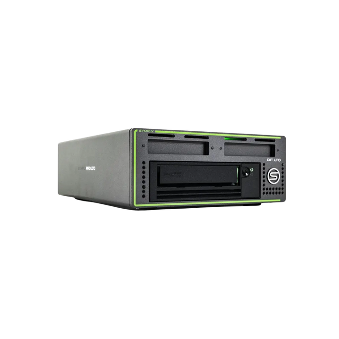 SymplyDIT Thunderbolt 3 LTO Desktop tape drive viewed from the front and angled to the right