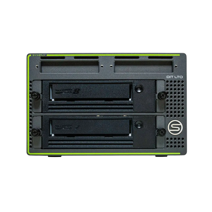 Lecteur de bande SymplyDIT XTH Thunderbolt 3 LTO avec 1 lecteur LTO-7 dans la baie inférieure et un lecteur LTO-8 dans la baie supérieure, vu de face
