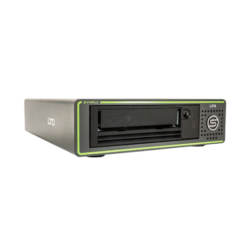 SymplyPRO SAS LTO-9 Lecteur de bande de bureau demi-hauteur vu de face et orienté vers la droite
