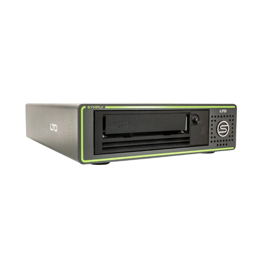 SymplyPRO SAS Lecteur de bande LTO de bureau demi-hauteur vu de face et orienté vers la droite