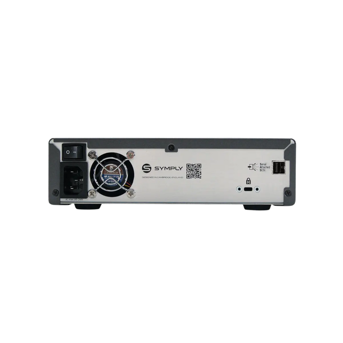 SymplyPRO SAS Lecteur de bande LTO de bureau vu de l'arrière, montrant l'interrupteur d'alimentation, le port d'alimentation et le port SAS