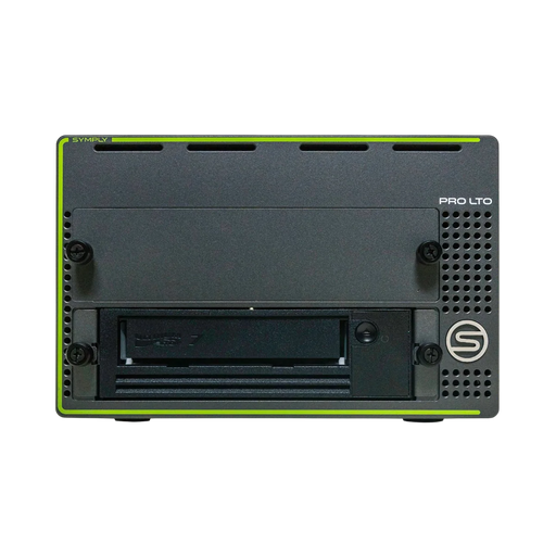 SymplyPRO XTH SAS noir et vert avec lecteur de bande LTO-7 dans la baie inférieure, vu de face