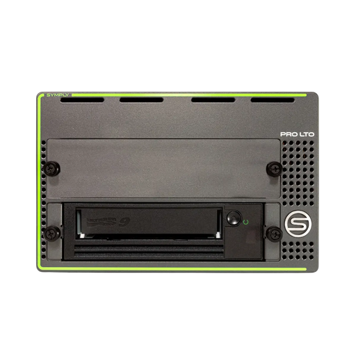 SymplyPRO XTH SAS noir et vert avec lecteur de bande LTO-9 dans la baie inférieure, vu de face