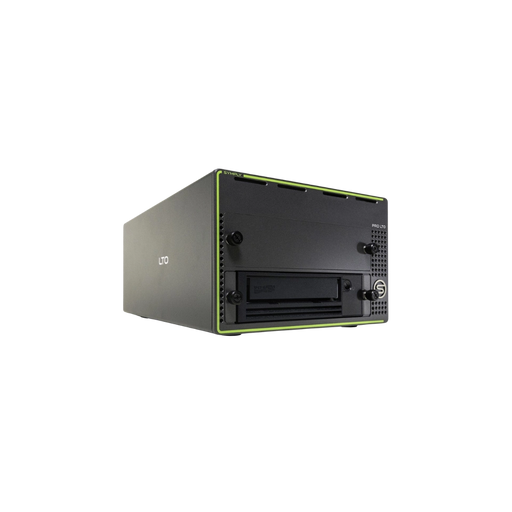 SymplyPRO XTH SAS noir et vert avec lecteur de bande LTO dans la baie inférieure, vu de face et orienté vers la droite