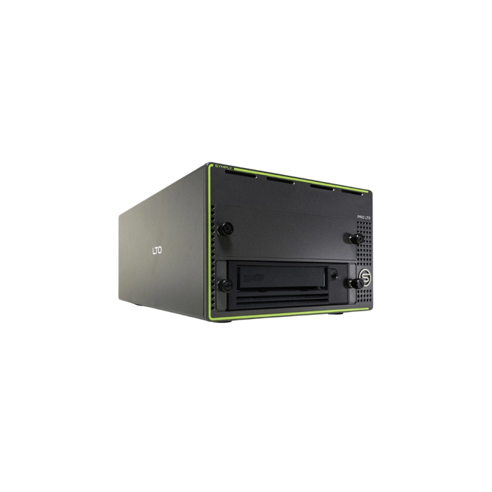 SymplyPRO XTH SAS noir et vert avec lecteur de bande LTO dans la baie inférieure, vu de face et orienté vers la droite