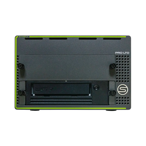 SymplyPRO XTH Thunderbolt black and green viewed from the front with inserted LTO-7 in the bottom bay