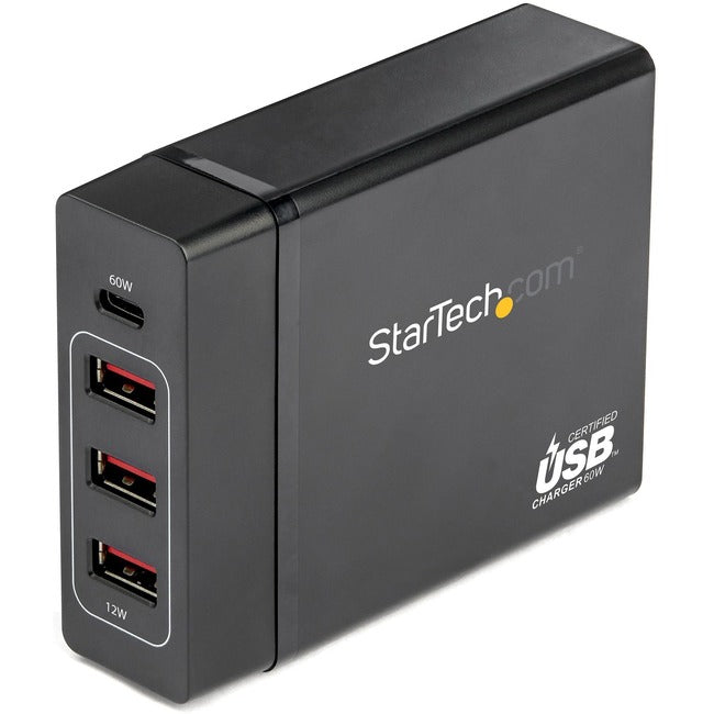 StarTech.com Chargeur USB C pour ordinateur portable, 60 W PD 3.0, 3x USB-A, chargeur de bureau/adaptateur secteur USB compact universel de type C, certifié USB IF/ETL