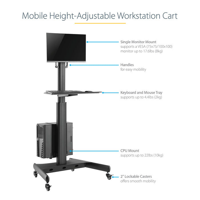 Startech Standing Mobile Workstation Cart Supports 17lb Vesa Monitor (tilt/rotate) - Secu